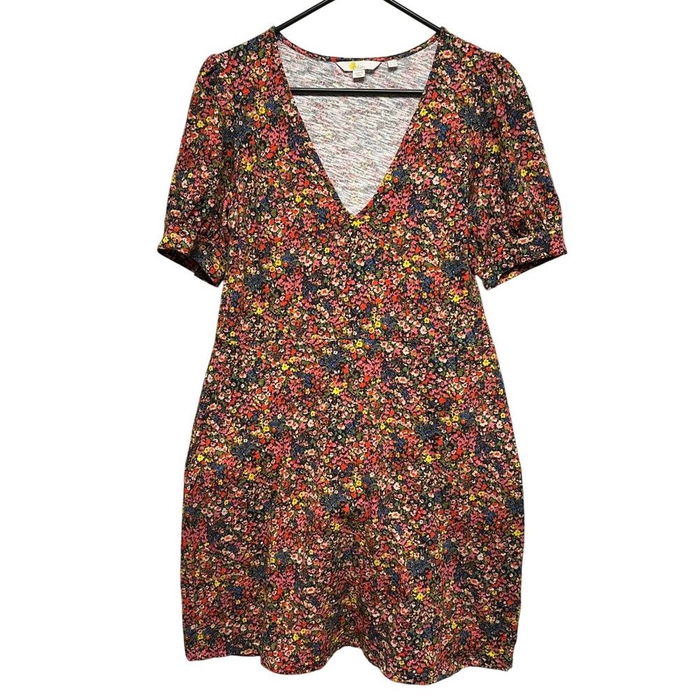 Boden V Neck Dress Puff Short‎ Sleeve Colorful Dizzy Floral Buttons Women's 8
